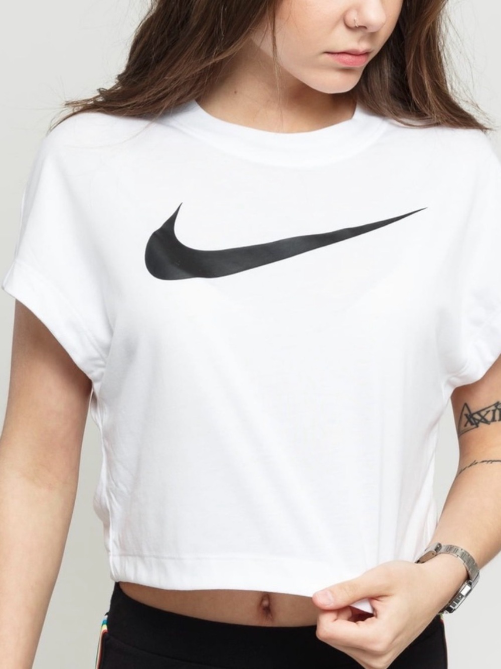Nike Women's White Crop Tee with Black Swoosh Rolled Sleeves